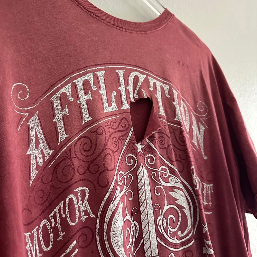 Affliction T-Shirt Mens 2XL Red American Customs Skull Biker‎ Graphic Distressed